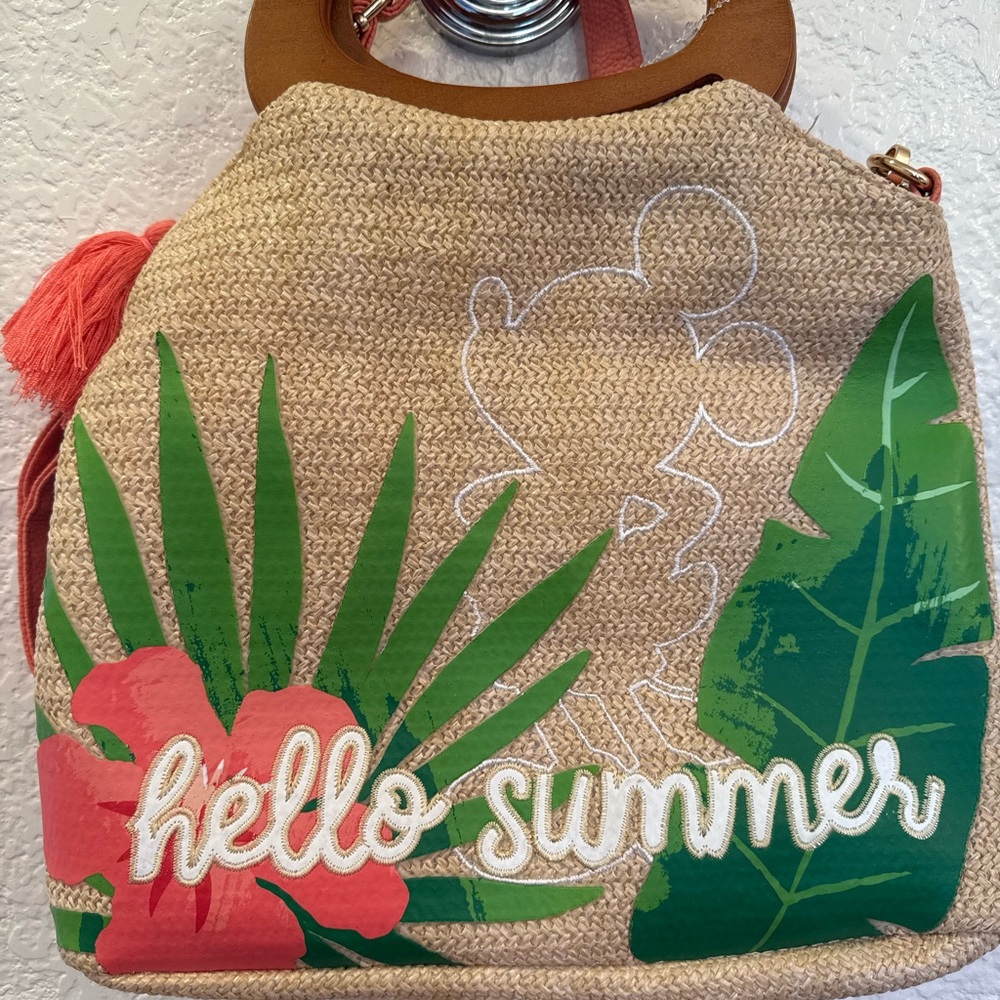 Disney Mickey Mouse paper straw handbag with wood handles. Tropical bag